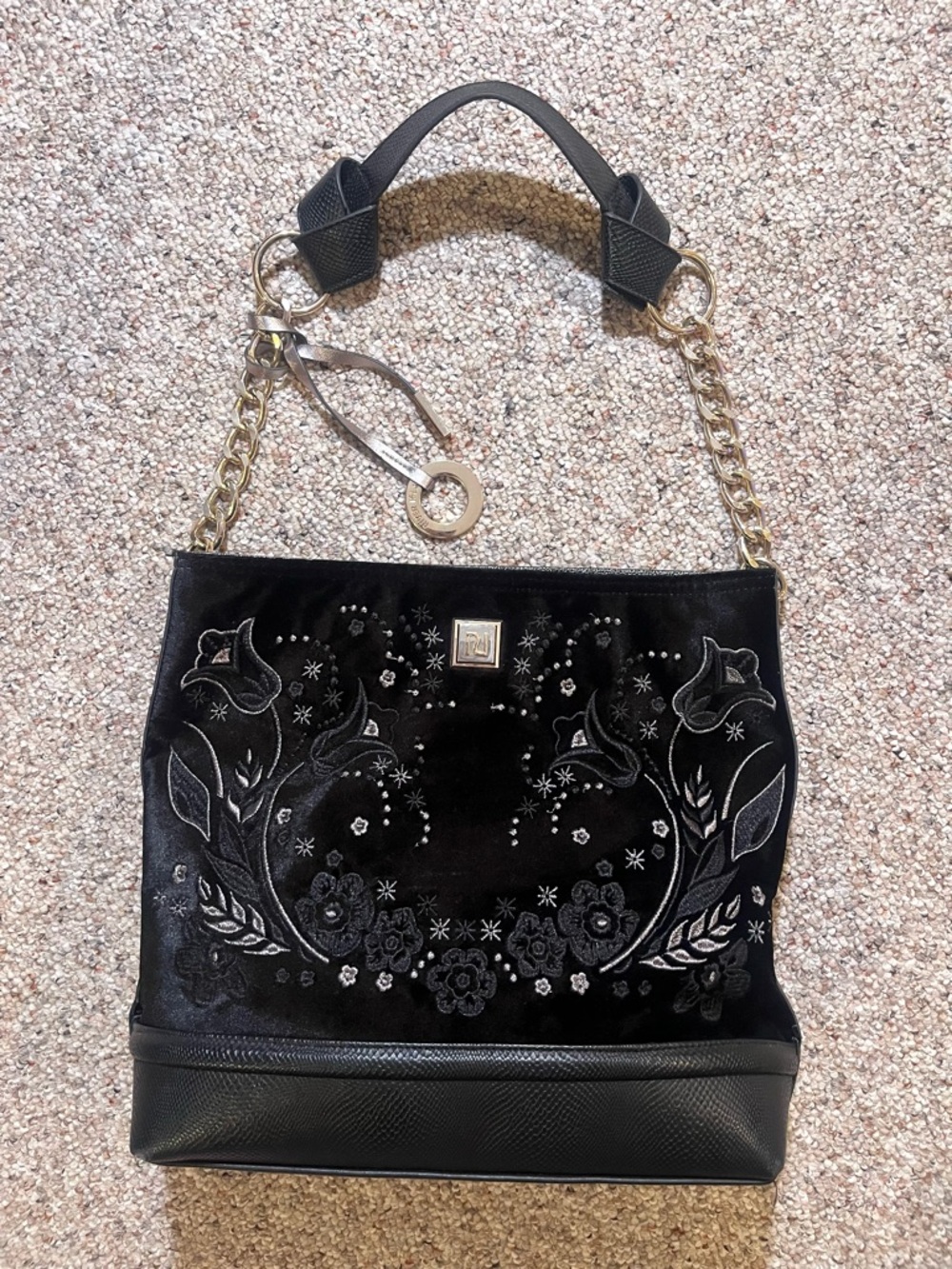 River Island Black Embroidered Velvet Tote Bag Shoulder Purse